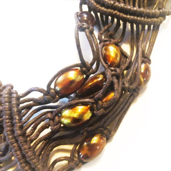 Vintage 1970's Brown Macrame Tie Belt With Glass Beads & Faux Amber Stones - Picture 9 of 11